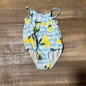 Carter's Blue and Yellow Lemon Print One Piece swimsuit with snaps